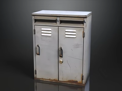 Rusty Metal Cabinet With Double Doors Vents Handles And Lock On Shiny Surface 3d model