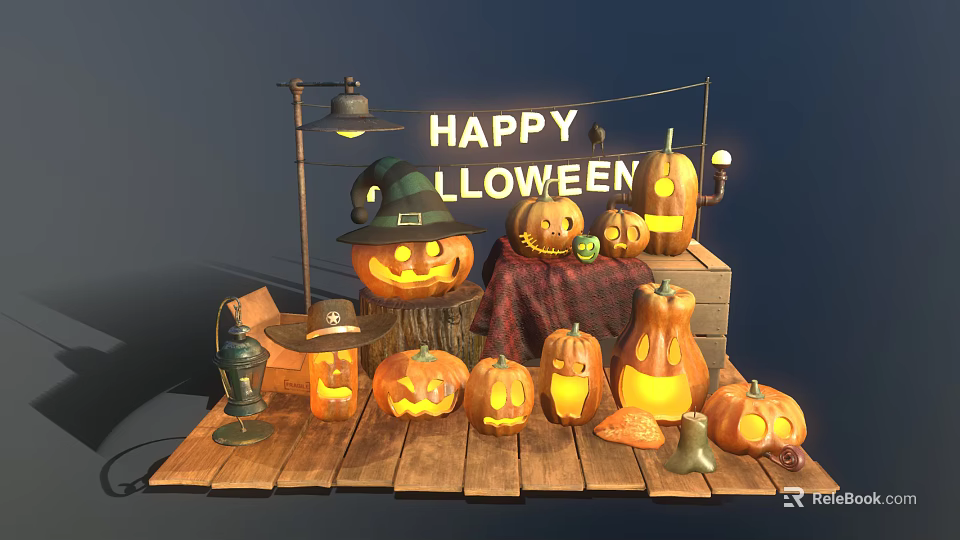 Happy Halloween Decorations With Jack O Lanterns Witch Hat And Wooden Platform 3d model 