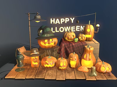 Happy Halloween Decorations With Jack O Lanterns Witch Hat And Wooden Platform 3d model