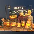 Happy Halloween Decorations With Jack O Lanterns Witch Hat And Wooden Platform
