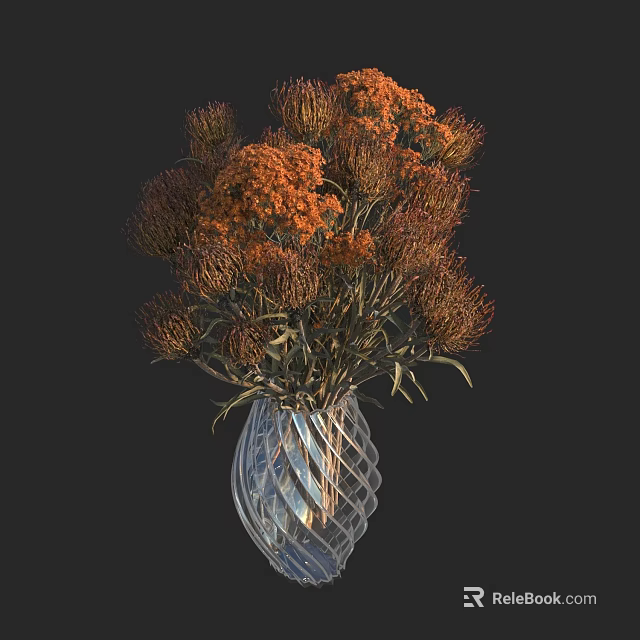 Spiral Design Transparent Glass Vase With Orange And Brown Flowers Arrangement 3d model 