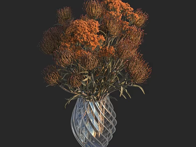 Spiral Design Transparent Glass Vase With Orange And Brown Flowers Arrangement 3d model