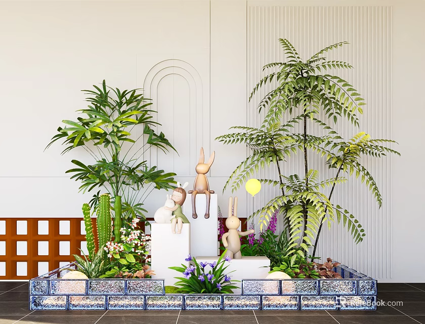 Indoor Landscape With Green Plants Rabbit Figurines White Pedestals Purple Flowers And Blue White Border 3d model 