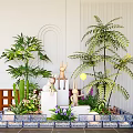 Indoor Landscape With Green Plants Rabbit Figurines White Pedestals Purple Flowers And Blue White Border