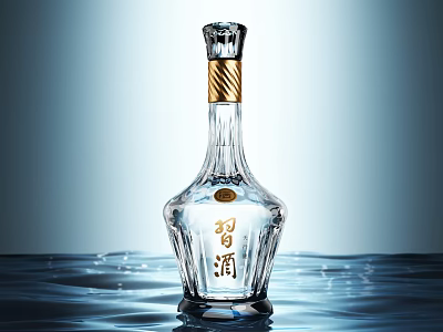 Transparent Glass Xijiu Liquor Bottle With Golden Neck Decoration On Water Surface 3d model