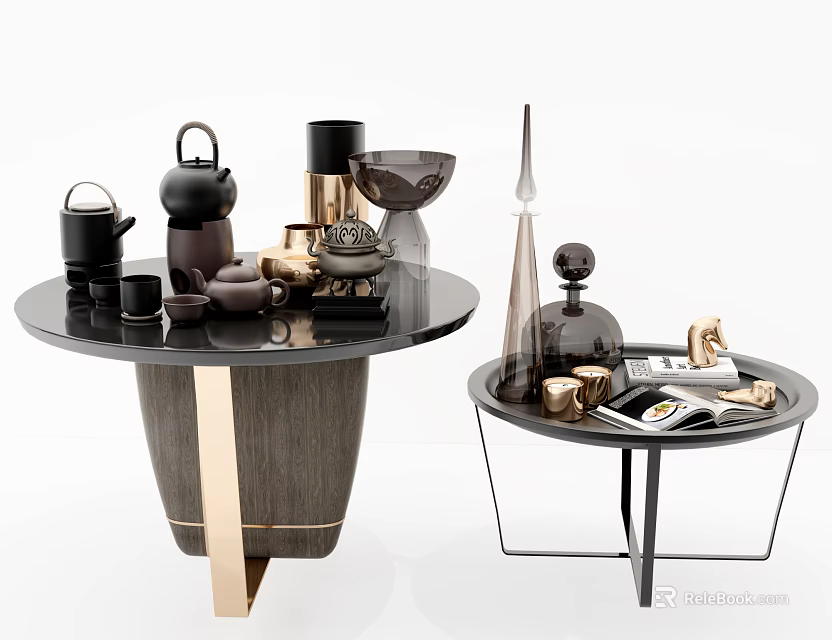 Modern Coffee Tables With Black Tabletop Gold Gray Base And Tea Set Decorative Items Magazine 3d model 