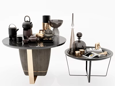 Modern Coffee Tables With Black Tabletop Gold Gray Base And Tea Set Decorative Items Magazine 3d model