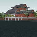 Traditional Chinese Ancient Entrance Gate With Classic Eaves Flanking Stone Lions And Ornate Plaque