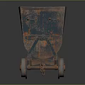 Rusted Vintage Mine Cart With Spoked Wheels On Dark Reflective Surface