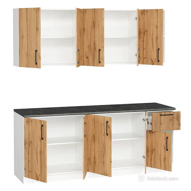 Modern Wooden Storage Lockers With Cabinet Doors Open Shelves And Black Countertop Design 3d model 