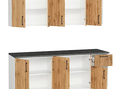 Modern Wooden Storage Lockers With Cabinet Doors Open Shelves And Black Countertop Design 3d model