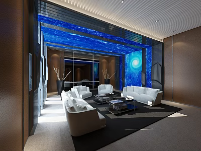 Modern Lounge Area With White Sofas Blue Accent Wall And Modern Decor 3d model