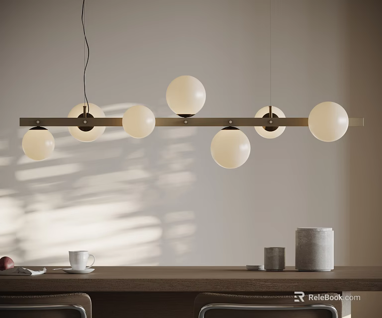 Modern Pendant Light With Long Metal Bar And Spherical Glass Shades Above Dining Table 3d model 