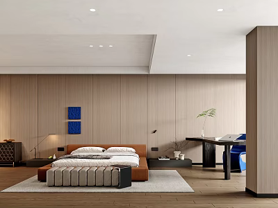 Modern Bedroom Interior Design With Wooden Panel Walls Platform Bed And Decorative Art 3d model