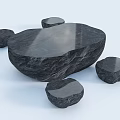 Natural Black Stone Table with Round Stools for Modern Interior Design 3d model