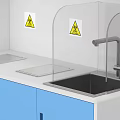 Blue White Laboratory Workbench With Glass Cabinet Doors Sink Faucet Warning Signs And Reagent Bottles