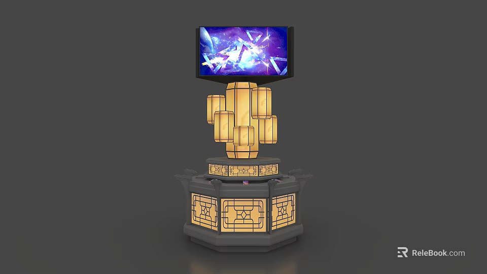 Illuminated Multi Tiered Display Shelf With Digital Screen And Decorative Design 3d model 