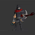 Game Movie Character Armored Warrior With Red Cape Standing On Stone Tiles Holding Glowing Weapon