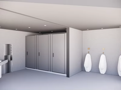 Clean Modern Public Restroom Interior With Gray Grid Wall Stalls And Urinals 3d model