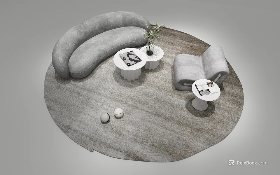 Gray Curved Sofa and Armchair with Round Coffee Tables Green Plant Magazines on Round Rug 3d model 