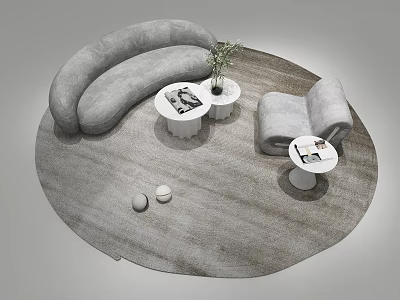 Gray Curved Sofa and Armchair with Round Coffee Tables Green Plant Magazines on Round Rug 3d model