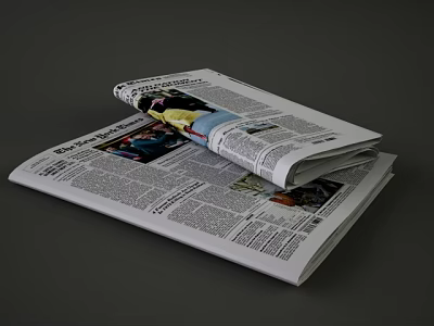 Open Newspaper Displaying Text Articles And Colorful Images On Gray Surface 3d model