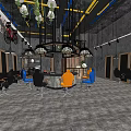 Modern Hair Salon Interior With Orange Blue Chairs Chandeliers Industrial Ceiling And Decorative Signs