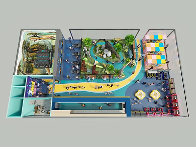 Aerial View of Indoor Layout with Green Plants Pathway and Colorful Seating Areas 3d model