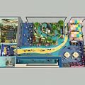 Aerial View of Indoor Layout with Green Plants Pathway and Colorful Seating Areas