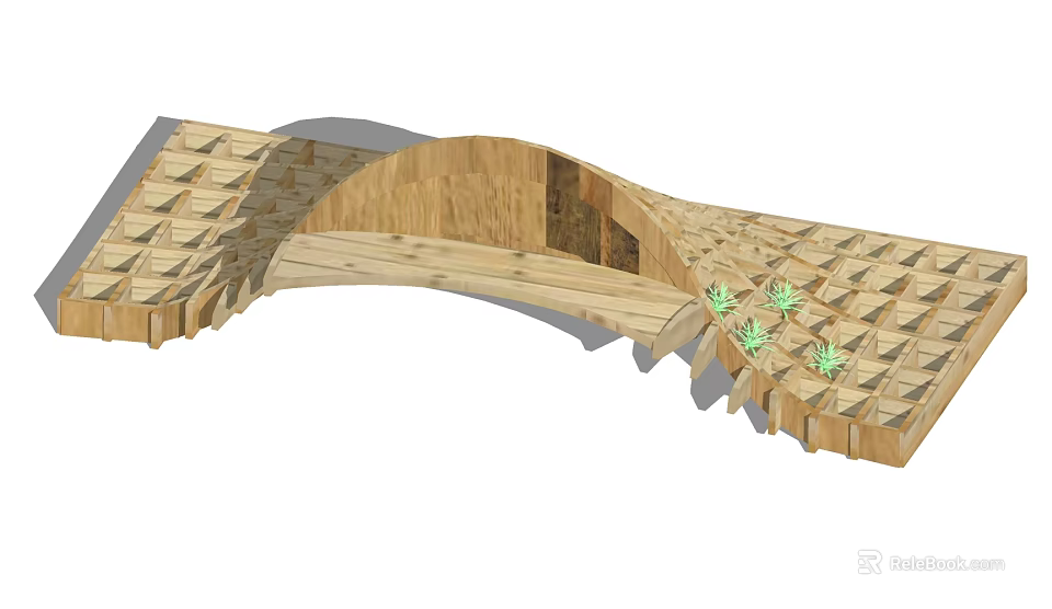 Wooden Curved Landscape Seat Design With Small Green Plants And Patterned Surface 3d model 
