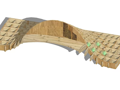 Wooden Curved Landscape Seat Design With Small Green Plants And Patterned Surface 3d model