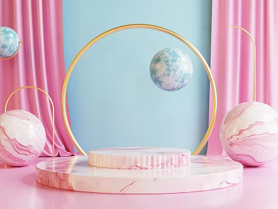 Elegant Commercial Equipment with Pink Curtains Blue Background Gold Rings and Marble Spheres Display Platform 3d model