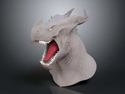 Gray Dragon Head Model With Open Mouth Sharp Teeth Glowing Eyes And Horns 3d model