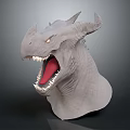 Gray Dragon Head Model With Open Mouth Sharp Teeth Glowing Eyes And Horns
