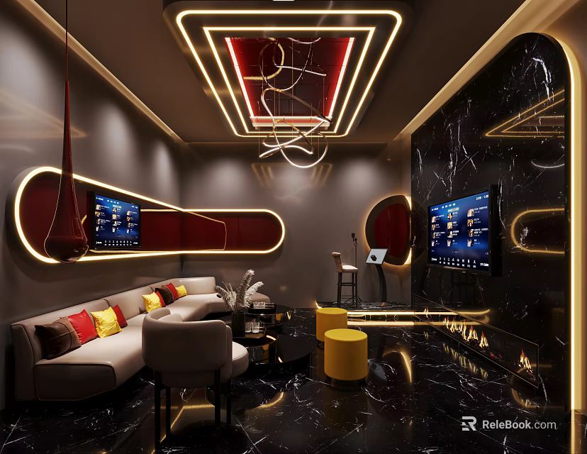 Stylish KTV Room Featuring Comfortable Sofa Large TV Screens And Neon Lights 3d model 