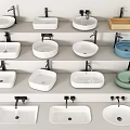 Various Modern Washbasins with Different Shapes Colors Wall Mounted Faucets Ceramic Surfaces and Wooden Tray