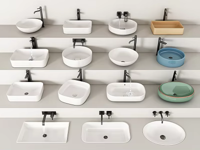 Various Modern Washbasins with Different Shapes Colors Wall Mounted Faucets Ceramic Surfaces and Wooden Tray 3d model