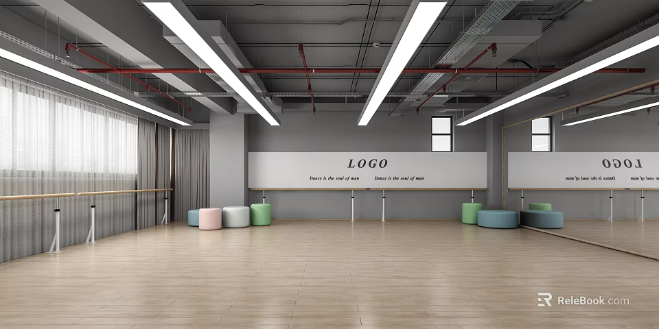 Fitness Dance Studio With Wooden Floor Barre Colorful Stools And Wall Logo 3d model 