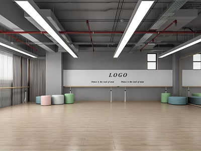 Fitness Dance Studio With Wooden Floor Barre Colorful Stools And Wall Logo 3d model