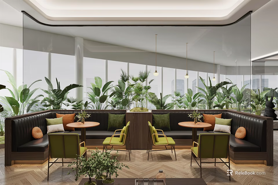 Modern Casual Lounge Area With Plentiful Green Plants Cozy Sofa Booths And Large Windows 3d model 