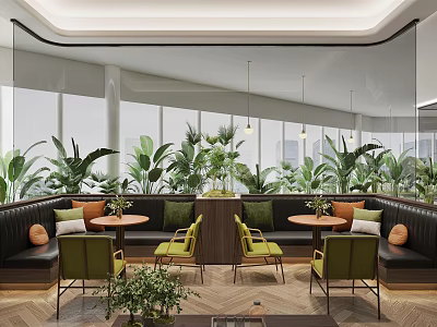 Modern Casual Lounge Area With Plentiful Green Plants Cozy Sofa Booths And Large Windows 3d model