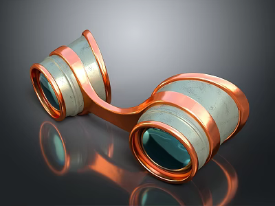 Vintage Binoculars With Copper Trim And Silver Body Blue Lenses On Black Reflective Surface 3d model