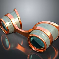 Vintage Binoculars With Copper Trim And Silver Body Blue Lenses On Black Reflective Surface