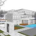 Modern Two Story Detached Villa Architecture With Large Windows Balcony Swimming Pool And Wooden Deck