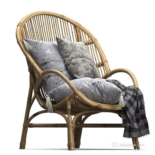 Rattan Leisure Chair With Soft Cushions Plaid Blanket And Decorative Pillows 3d model 