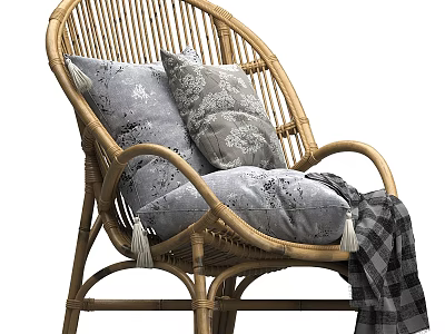 Rattan Leisure Chair With Soft Cushions Plaid Blanket And Decorative Pillows 3d model
