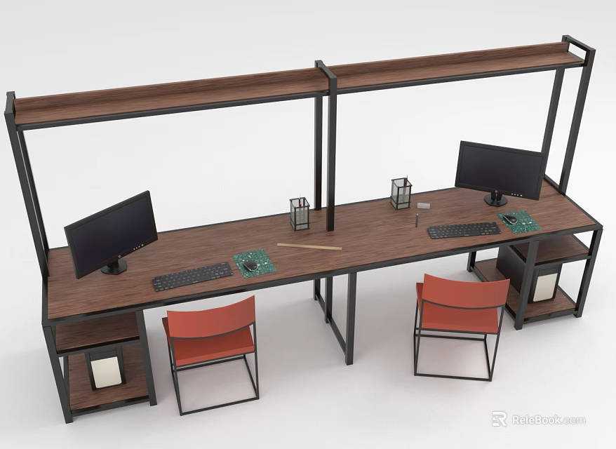 Modern Office Desk With Wooden Top Black Metal Frame Dual Monitors Keyboards Pen Holders And Orange Chairs 3d model 