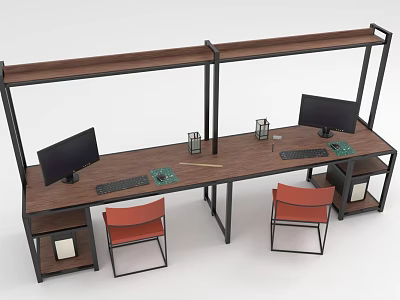 Modern Office Desk With Wooden Top Black Metal Frame Dual Monitors Keyboards Pen Holders And Orange Chairs 3d model