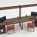 Modern Office Desk With Wooden Top Black Metal Frame Dual Monitors Keyboards Pen Holders And Orange Chairs