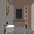Modern Elegant Bathroom Interior With Backlit Mirror Marble Countertop Wooden Cabinets Shelves And Sunflower Painting